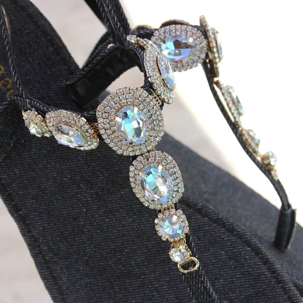 Jeweled Dark Black Denim Dressy Strap Bling Gold Accent Sandals Size 7/7.5/8/8.5 - Picture 11 of 12